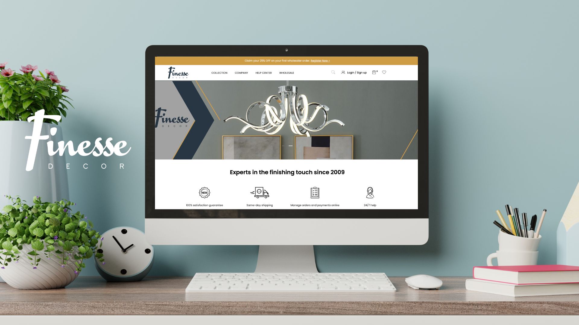 An image of the FinesseDecor.com website on a desktop computer with the company's logo off to the left.